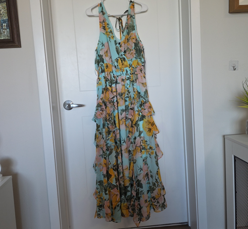 1. State Mint Floral Tiered Maxi Dress with Yellow Accents